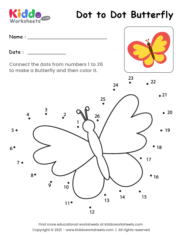 Free Printable Dot to Dot Butterfly Worksheet - kiddoworksheets