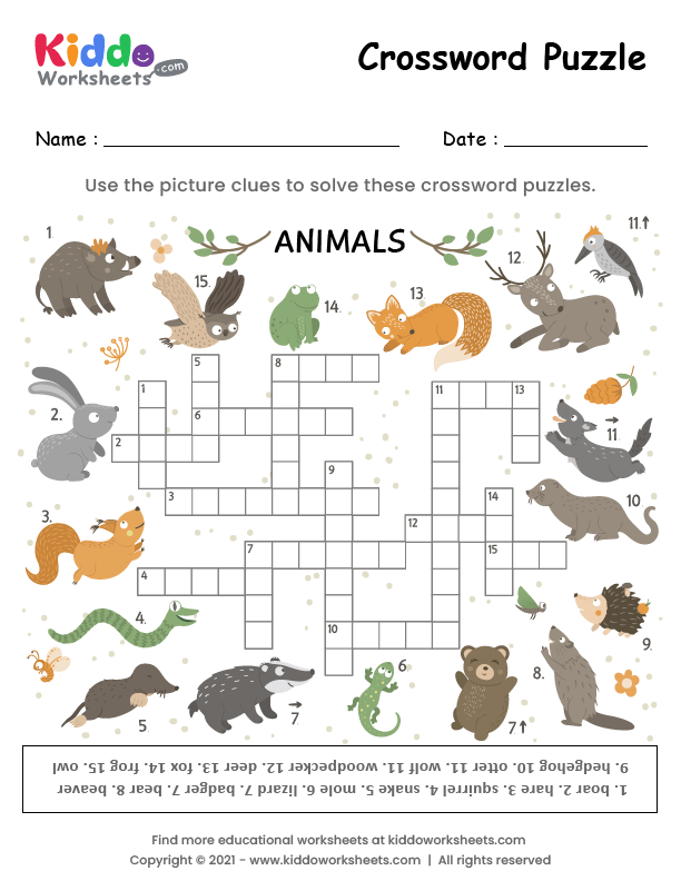 Free Printable Crossword Puzzle Animals Worksheet - kiddoworksheets