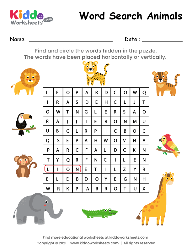 Free Printable Word Search Animals Worksheet - kiddoworksheets