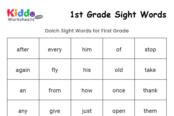 Sight Words 1st Grade Worksheet