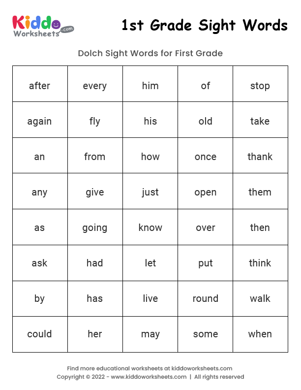 Free Printable First Grade Sight Words Worksheets Pdf