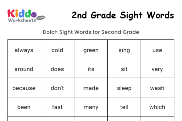Sight Words 2nd Grade Worksheet