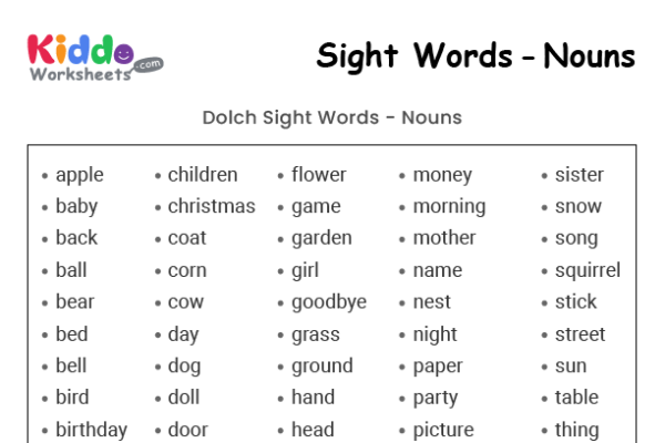 Sight Words Nouns Worksheet