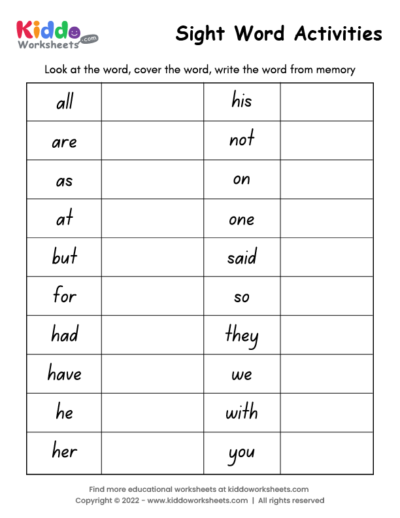 Free Printable Sight Words Worksheets kiddoworksheets