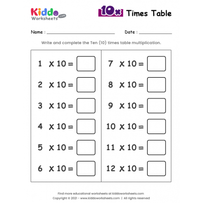 10 Times Table Worksheet