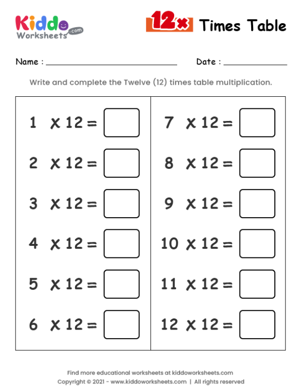 12 Times Table Worksheet