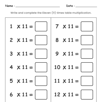 11 Times Table Worksheet