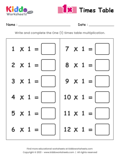 1 Times Table Worksheet