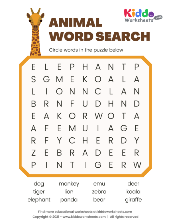 Free Printable Animal Word Search Worksheet - kiddoworksheets
