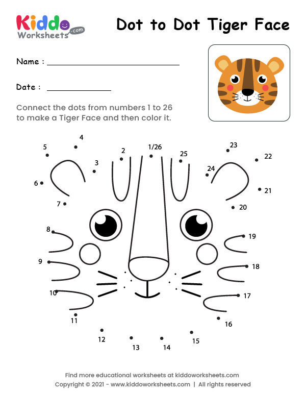 Free Printable Dot To Dot Tiger Face Worksheet Kiddoworksheets