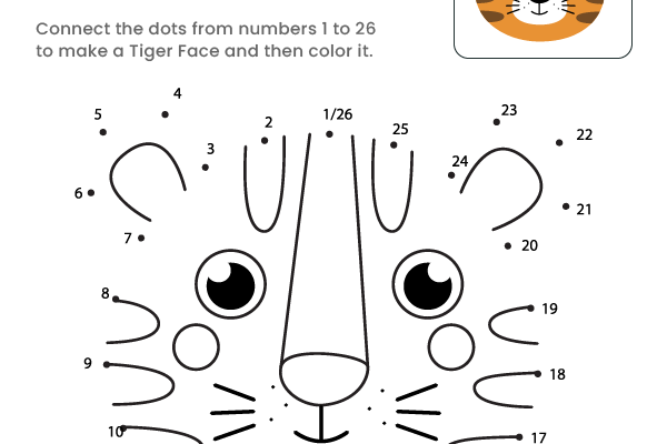 Dot to Dot Tiger Face Worksheet