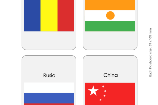 Flashcards of flags with various countries.