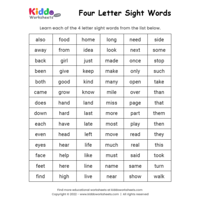 Four Letter Sight Words