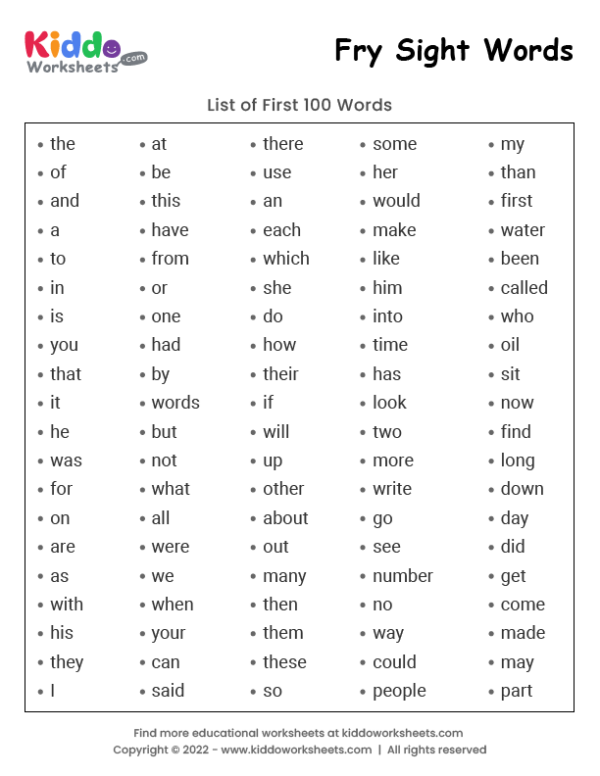 Free Printable Fry Sight Words List 1 Worksheet Kiddoworksheets