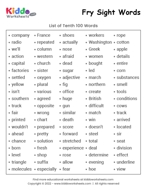 Fry Sight Words List 10