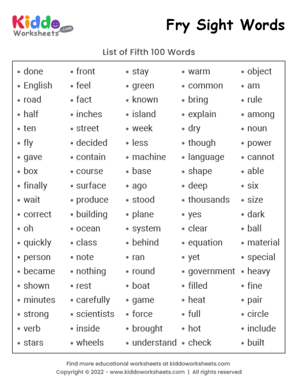 Fry Sight Words List 5