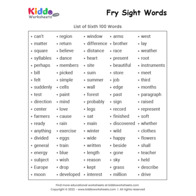 Fry Sight Words List 6