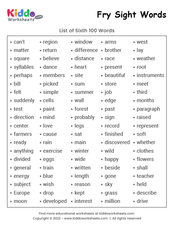 Fry Sight Words List 6