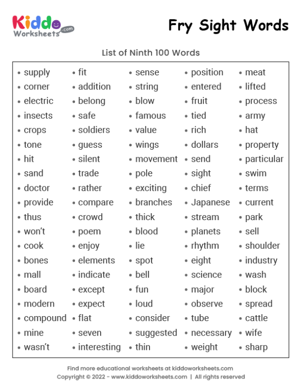 Fry Sight Words List 9