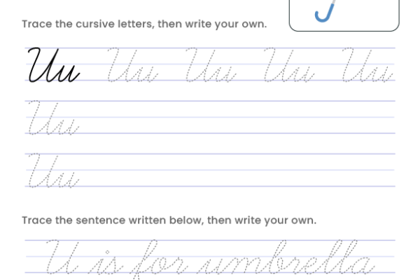 Letter U Cursive Writing Worksheet