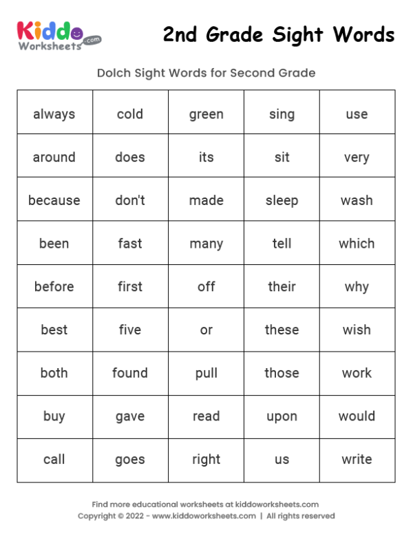 Free Printable 2nd Grade Sight Words Worksheets