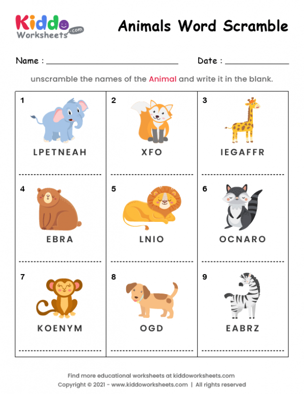 Free Printable Word Scramble Animals Worksheet - kiddoworksheets