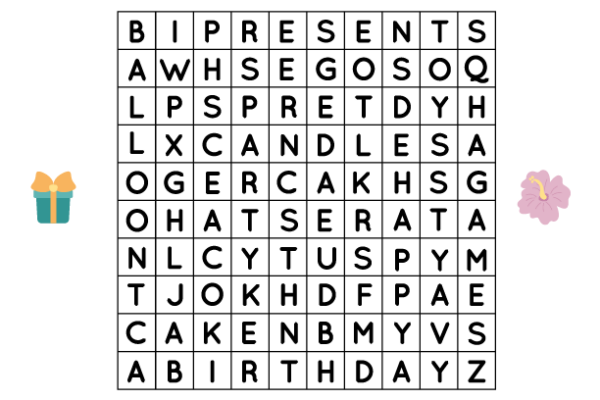 Word Search Birthday Worksheet