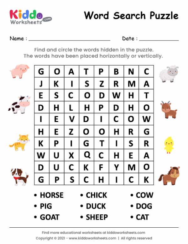 Free Printable Word Search Farm Animals Worksheet - kiddoworksheets