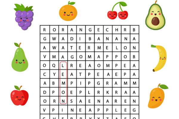 Word Search Fruits Worksheet
