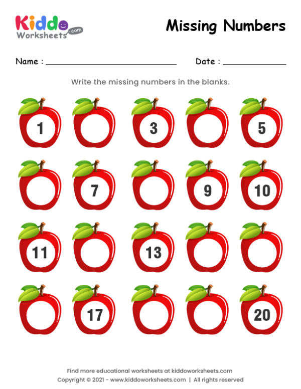 free-printable-apple-missing-numbers-1-20-worksheet-kiddoworksheets for Free Printable Numbers Worksheets For Kindergarten Free Printable Apple Missing Numbers 1-20 Worksheet - kiddoworksheets for Free Printable Numbers Worksheets For Kindergarten