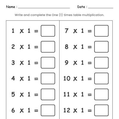 1 Times Table Worksheet