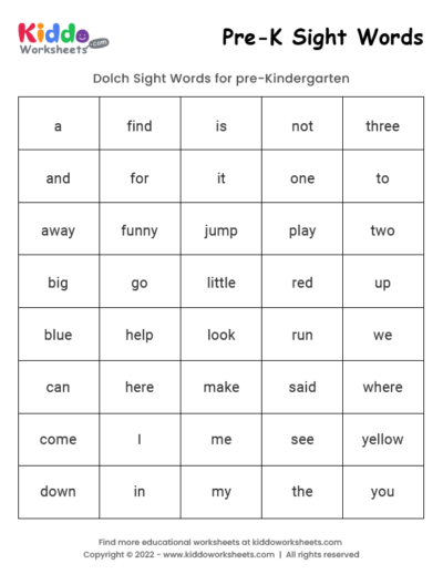 Sight Words Pre-k
