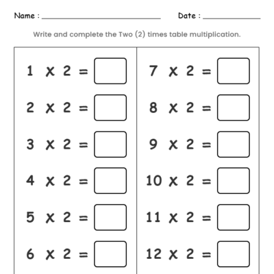2 Times Table Worksheet