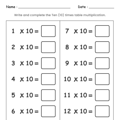 10 Times Table Worksheet