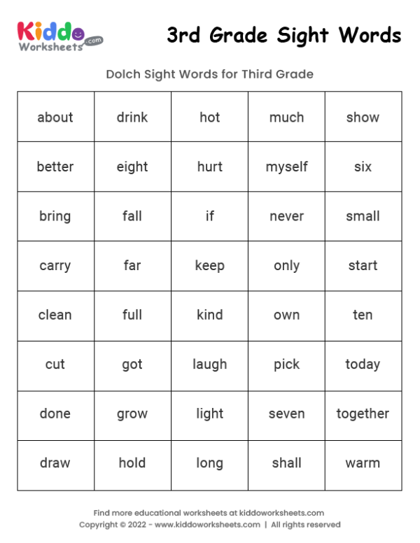 Free Printable Sight Words 3rd Grade Worksheet - kiddoworksheets free-printable-sight-words-3rd-grade-worksheet-kiddoworksheets