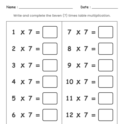 7 Times Table Worksheet